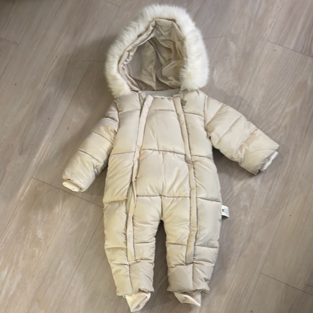 Cream Hooded Baby Snowsuit